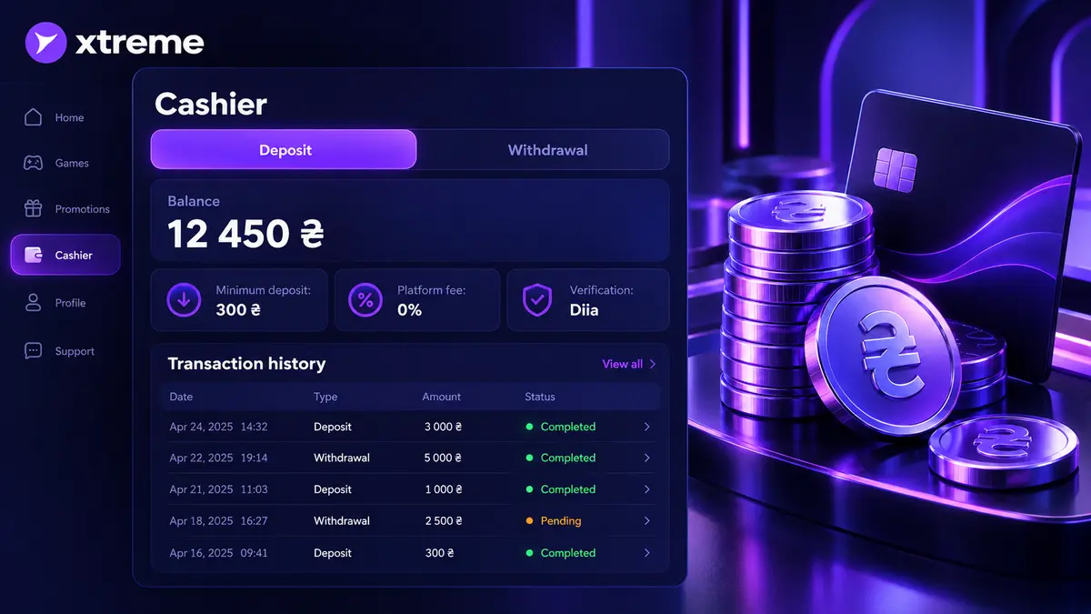 Xtreme casino cashier with a list of deposit methods and limits